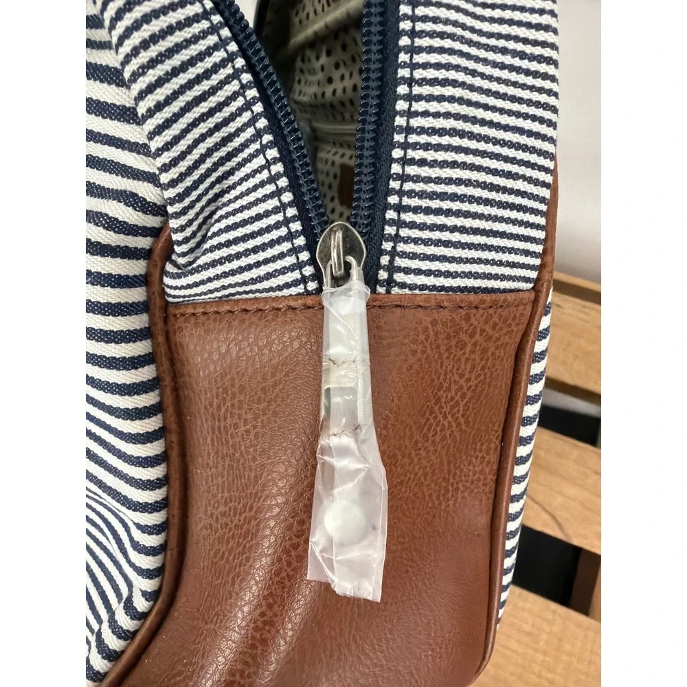 P. Blue Piel Pelle Striped Canvas Satchel Bag Navy White Brown C-22447A